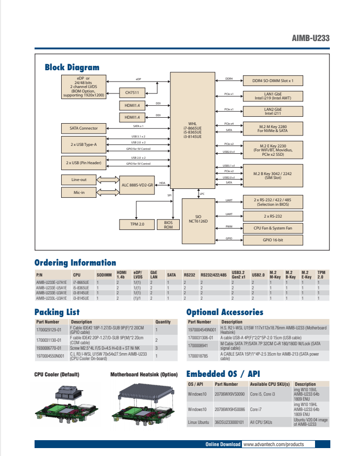 研華AIMB-U233I ntel第八代Core i-ULT Core i3/i5/i7 UTX工業(yè)主板