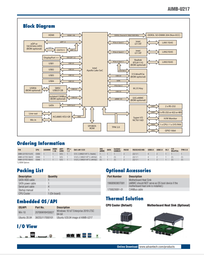 研華AIMB-U217 英特爾?Atom?E3950/E3940 QC 1.6 GHz UTX工業(yè)主板