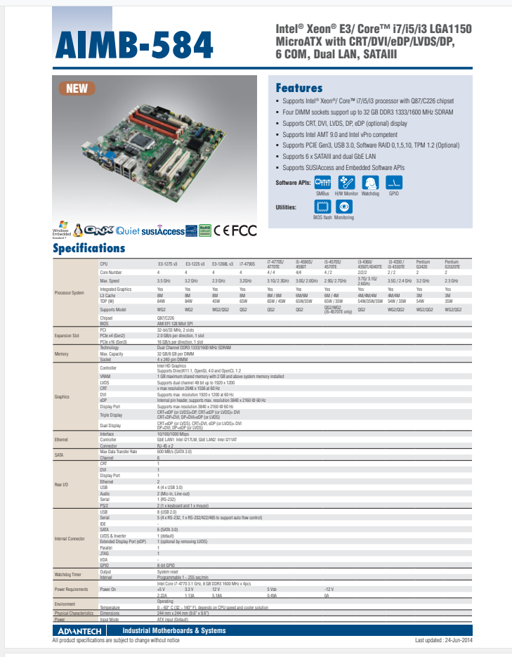 研華 MicroATX 主板 / AIMB-584 /Intel?Xeon?E3/Core? i7/i5/i3 LGA1150 