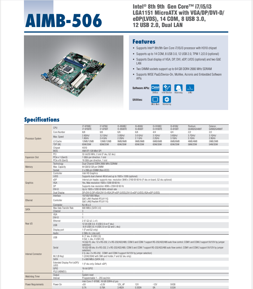 研華MicroATX 主板AIMB-506 Intel 8th 9th Gen Intel? Core? i7/i5/i3 LGA1151 