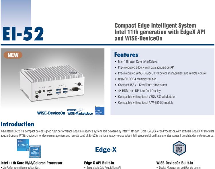 研華EI-52 研華EI-52，邊緣計(jì)算系統(tǒng)，支持 Intel 11th gen CPU，可選 Core i5 /i3 /Celeron 處理器，具備豐富擴(kuò)展接口 2 x LAN，2 x COM，6 x USB等，內(nèi)部可以通過 miniPCIe 或 M.2 擴(kuò)展AI加速卡實(shí)現(xiàn)工業(yè)AI機(jī)器視覺，搭載5G通訊模塊。