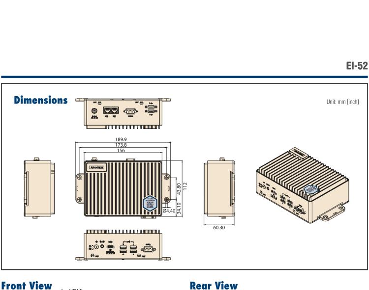 研華EI-52 研華EI-52，邊緣計(jì)算系統(tǒng)，支持 Intel 11th gen CPU，可選 Core i5 /i3 /Celeron 處理器，具備豐富擴(kuò)展接口 2 x LAN，2 x COM，6 x USB等，內(nèi)部可以通過 miniPCIe 或 M.2 擴(kuò)展AI加速卡實(shí)現(xiàn)工業(yè)AI機(jī)器視覺，搭載5G通訊模塊。