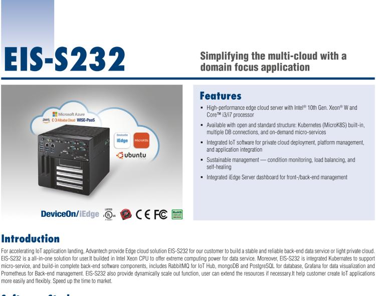 研華EIS-S232 研華 EIS-S232，邊緣計(jì)算系統(tǒng)服務(wù)器，支持Intel 第十代處理器，可選i3/i5/i7 Xeon CPU，DDR4 最高32GB，最多可支持4 x 2.5寸硬盤，具備豐富擴(kuò)展接口 2 x LAN，6 x COM，8 x USB，1 x PCIE，2 x PCI。產(chǎn)品生命周期長，穩(wěn)定可靠。