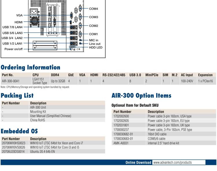 研華AIR-300 支持Intel Xeon / 6/7代Core?i3/i5/i7處理器，AI計算平臺，可擴(kuò)展 PCIe x16 GPU全尺寸卡