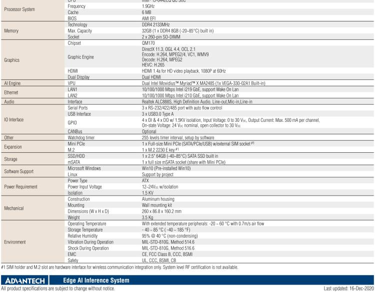 研華AIR-200 基于Intel Core i5-6442EQ處理器，AI計(jì)算平臺(tái)，內(nèi)置Myriad X VPU * 2