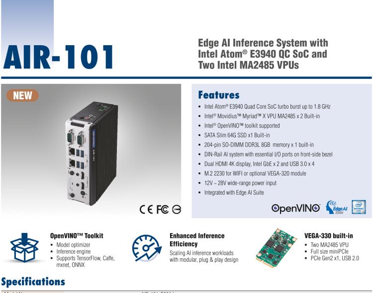 研華AIR-101 基于Intel Atom E3940處理器，AI計算平臺，內(nèi)置Myriad X VPU * 2