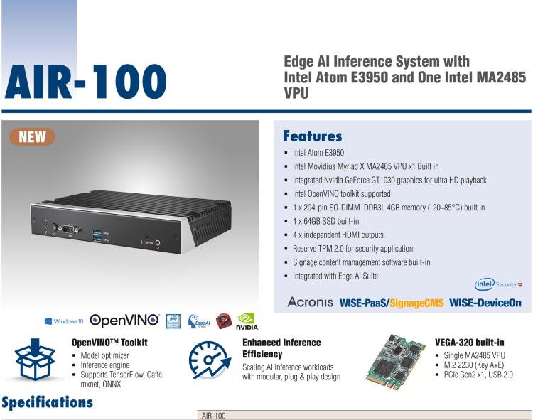 研華AIR-100 基于Intel Atom E3950處理器，AI計算平臺，內置Myriad X VPU * 1