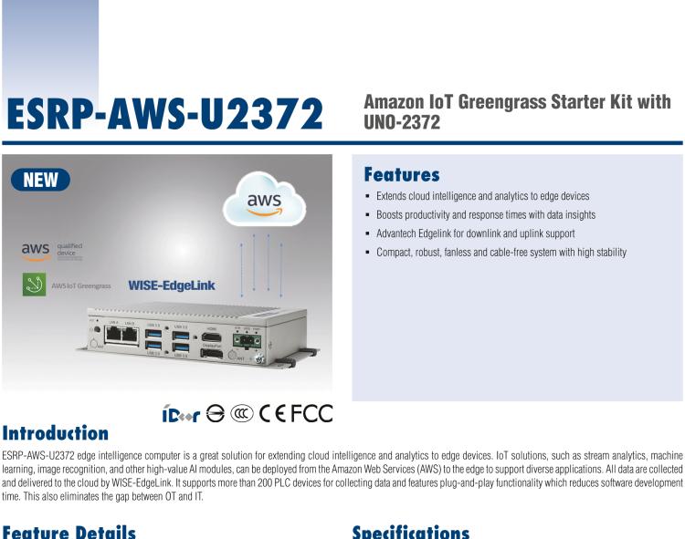 研華ESRP-AWS-U2372 Intel? Celeron? J3455 Small-Size Embedded Box PC with AWS IoT Greengrass and WISE-EdgeLink