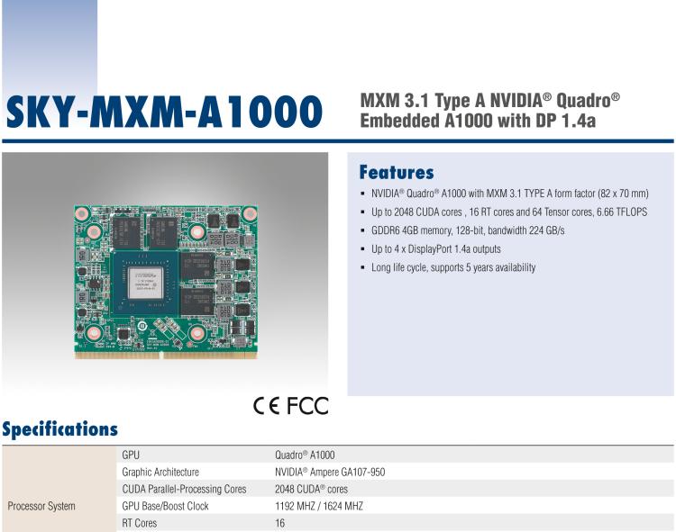 研華SKY-MXM-A1000 MXM 3.1 Type A NVIDIA? Quadro? Embedded A1000 with DP 1.4a