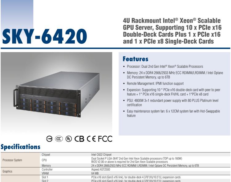 研華SKY-6420 4U機(jī)架式GPU服務(wù)器,Intel?Xeon?Scalable系列處理器 支持10個PCIe x 16雙層卡,1個PCIe x 16和1個PCIe x 8單層卡