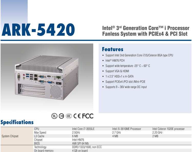 研華ARK-5420 Intel? 第三代 Core? i 處理器無風(fēng)扇嵌入式工控機(jī)，支持 PCIEx4 & PCI