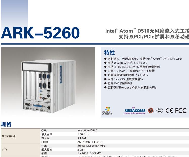 研華ARK-5260 Intel?Atom?D510無風(fēng)扇嵌入式工控機(jī)，支持雙PCI/PCIe擴(kuò)展和雙移動硬盤