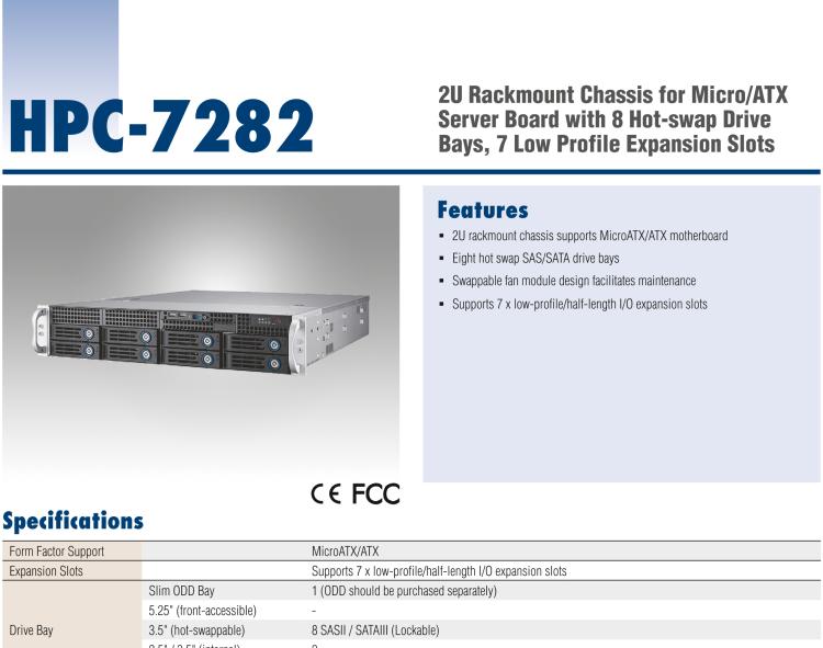 研華HPC-7282 2U 機架式機箱，適用于 Micro/ATX 服務(wù)器主板，支持8個2.5寸/3.5寸熱插拔硬盤，7個半高擴展槽