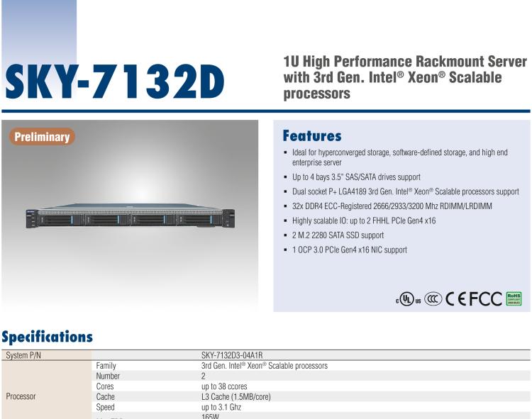 研華SKY-7132D 1U High Performance Rackmount Server with 3rd Gen. Intel? Xeon? Scalable processors