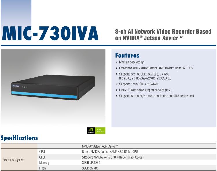 研華MIC-730IVA 基于NVIDIA? Jetson AGX Xavier?的8ch AI NVR