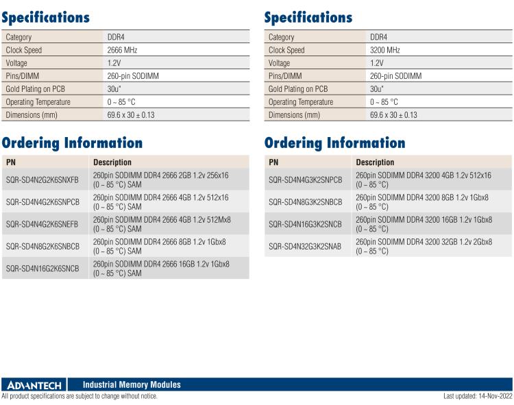 研華SQR-SD4N SODIMM DRAM 內(nèi)存 DDR4 系列