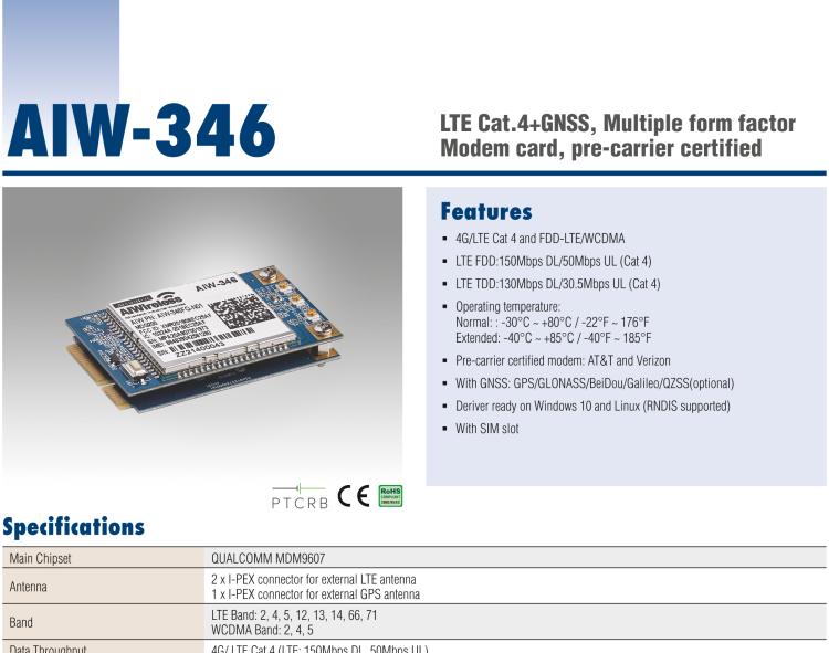 研華AIW-346 預運營商認證嵌入式4G LTE Cat 4調(diào)制解調(diào)器