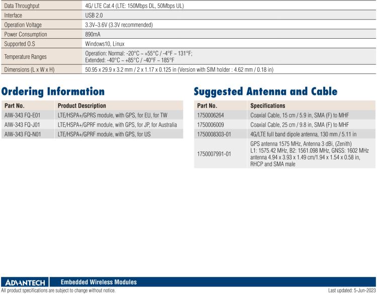 研華AIW-343 4G模組，使用MINI-PCIE規(guī)范接口，支持4G LTE CAT4：TDD LTE/FDD LTE/WCDMA/GSM和GPS。