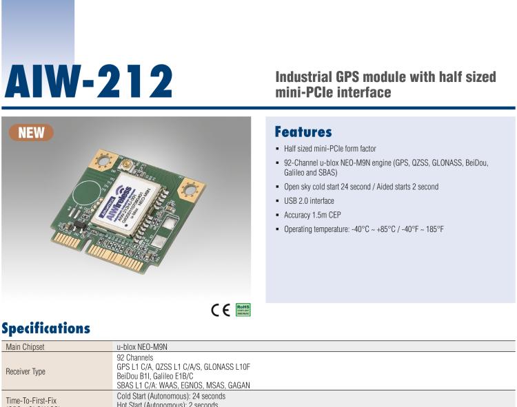 研華AIW-212 工業(yè)級 GNSS（GPS、GLONASS、BeiDou、Galileo、QZSS和SBAS）模塊，半尺寸 mini-PCIe 規(guī)格。