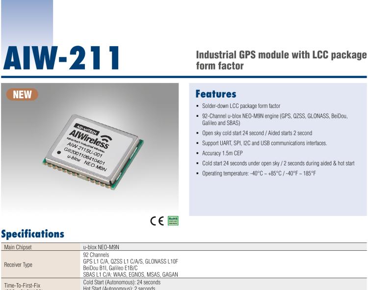 研華AIW-211 帶郵票型接口的工業(yè)級 GNSS（GPS、GLONASS、BeiDou、Galileo、QZSS和SBAS）模塊。