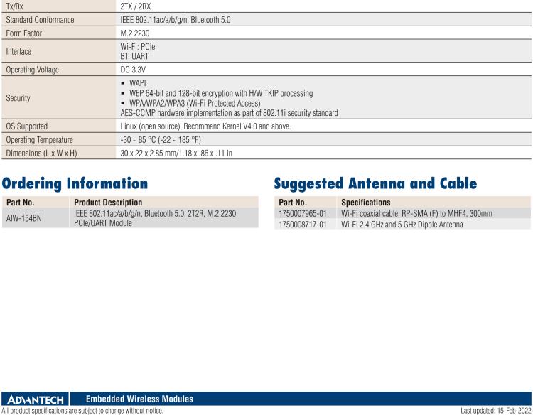 研華AIW-154 IEEE 802.11 ac + BT 5.0 (PCIe - UART)