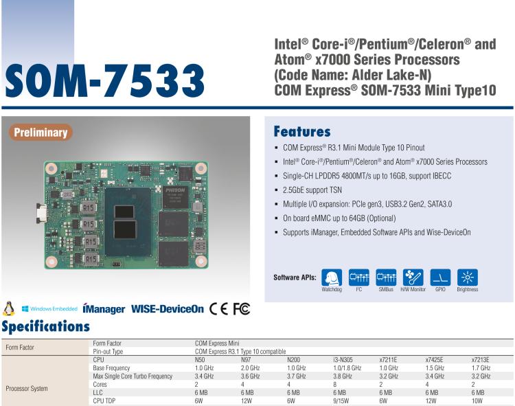 研華SOM-7533 Intel Core-I/Pentium/Celeron和Atom x7000系列處理器（Alder Lake-N）COM Express Mini Type 10模塊