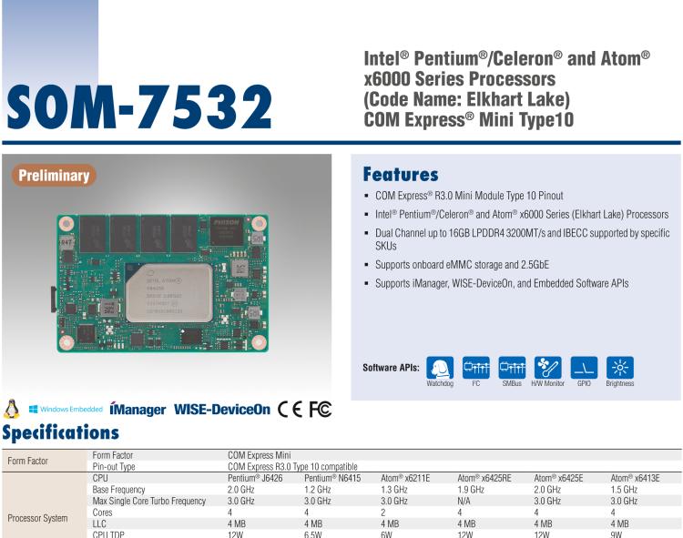 研華SOM-7532 Intel Pentium/Celeron 和 Atom x6000 系列 (Elkhart Lake) 處理器， COM Express Mini Type 10 模塊