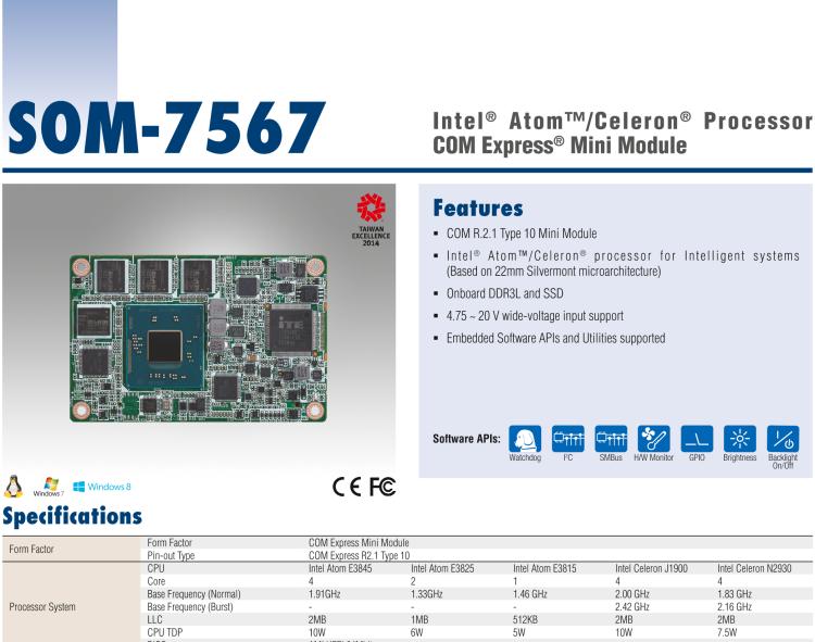 研華SOM-7567 Intel? Atom?/Celeron? 處理器，COM-Express Mini 模塊