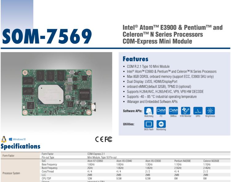 研華SOM-7569 Intel? Atom? E3900 & Pentium? 和 Celeron? N 系列處理器，COM-Express Mini 模塊