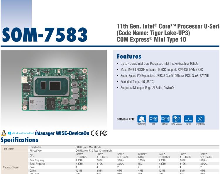 研華SOM-7583 第十一代 Intel? Core U系列處理器，COM Express Mini Type 10 模塊