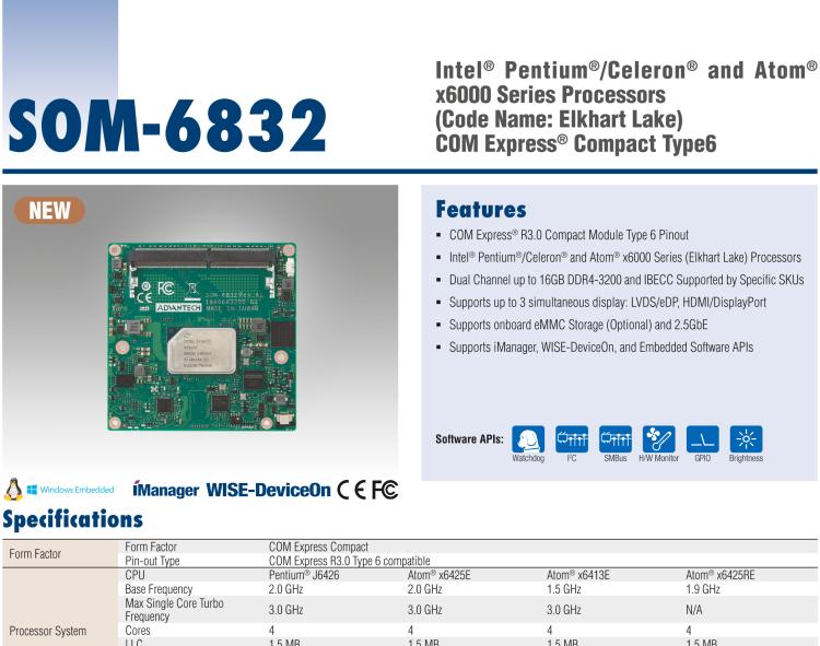 研華SOM-6832 Intel Pentium/Celeron 及 Atom x6000系列（Elkhart Lake）處理器，COM Express? Compact Type 6 模塊