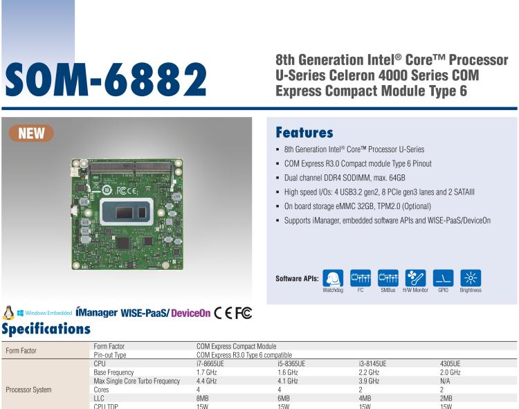 研華SOM-6882 第八代 Intel?Core 處理器，COM Express Compact R3.0 Type 6 模塊