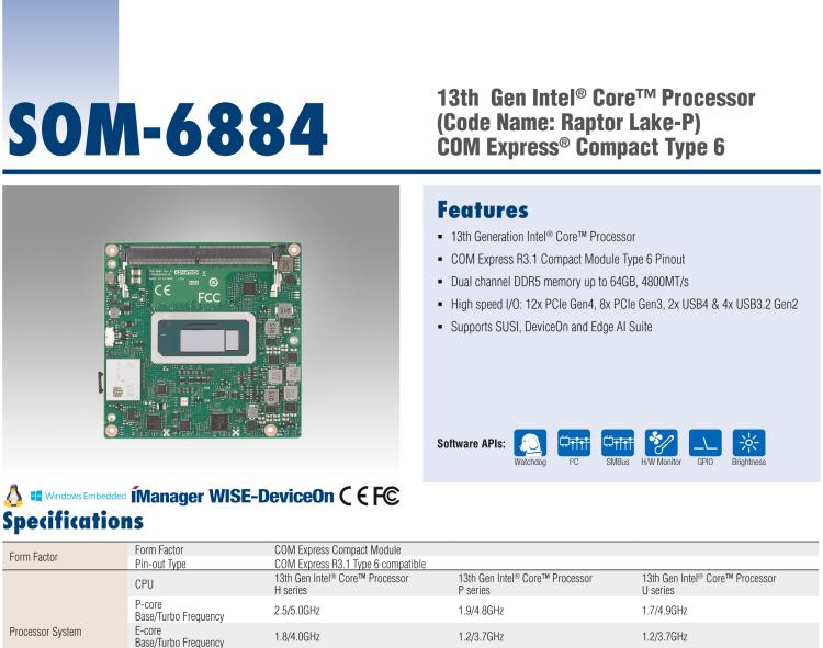 研華SOM-6884 第13代 Intel Core 處理器（代號(hào)：Raptor Lake-P）COM Express? Compact Type6