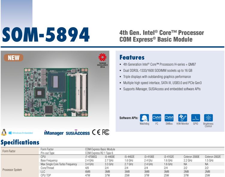 研華SOM-5894 第三代 Intel? Core?處理器， COM Express? Basic 模塊