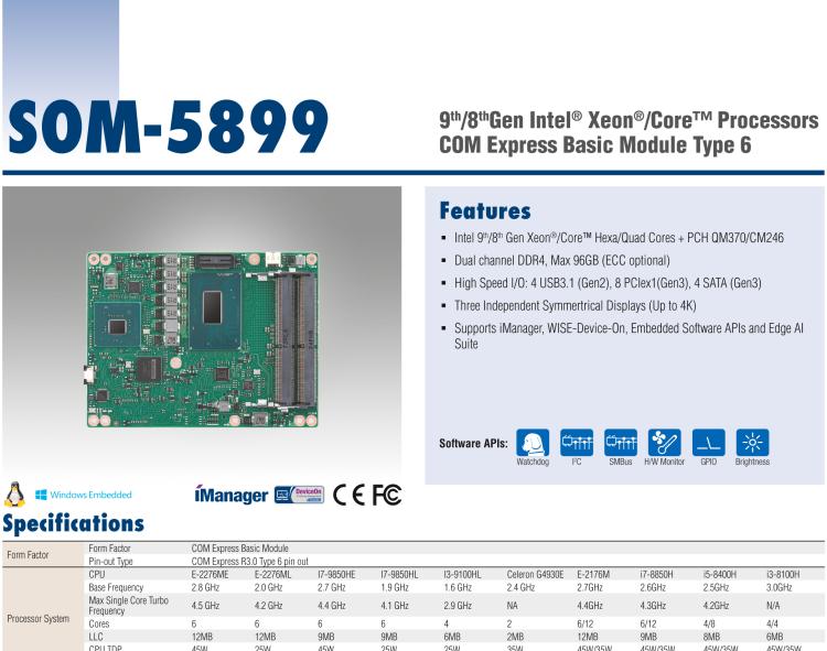 研華SOM-5899 第八代Intel Xeon/Core 處理器， COM Express Basic Type 6 模塊