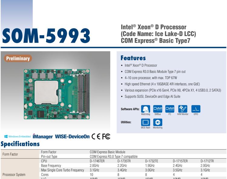 研華SOM-5993 Intel? Xeon? D-1700 處理器 (代號: Ice Lake-D LCC) COM Express? Basic Type7