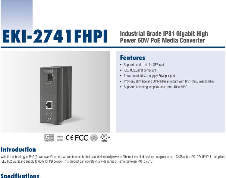 研華EKI-2741FHPI 1GE PoE, SFP Injector ,IEEE802.3af/at,up to 60W, 48VDC, -40~75℃