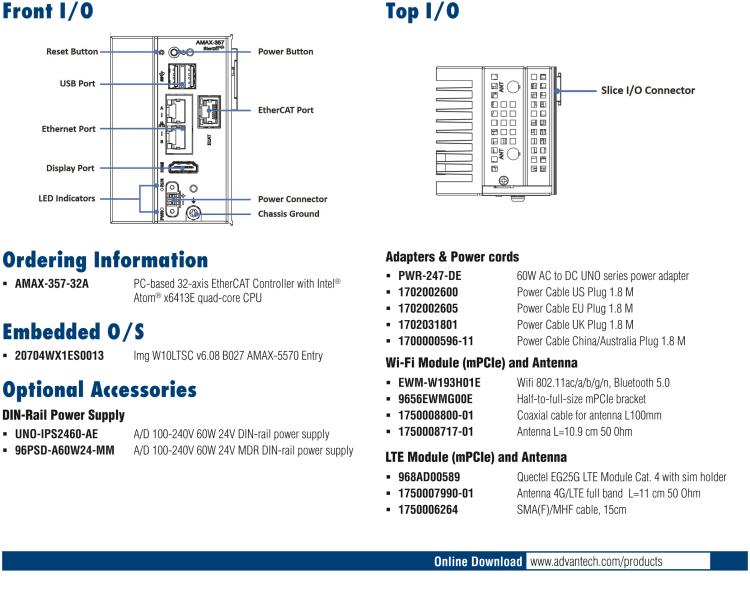 研華AMAX-357 超微型EtherCAT運(yùn)動(dòng)控制器，基于PC架構(gòu)開發(fā)，配置了Intel Atom處理器，具有64GB eMMC、2 x LAN、2 x USB和Slice IO擴(kuò)展