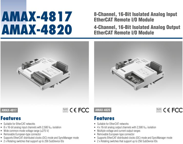 研華AMAX-4820 4 通道 16 位隔離式模擬量輸出 EtherCAT 遠(yuǎn)程 I/O 模塊