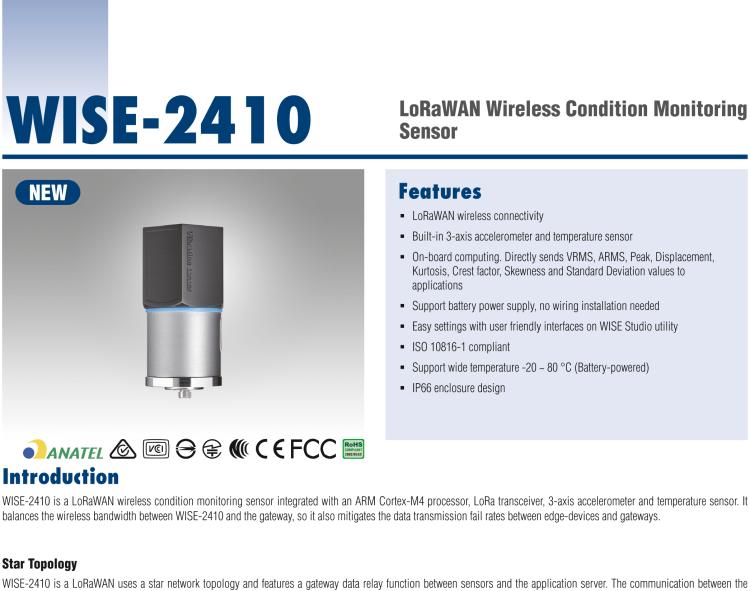 研華WISE-2410 WISE-2410是LoRaWA N無(wú)線振動(dòng)溫度監(jiān)控傳感器，電池使用周期為2年。