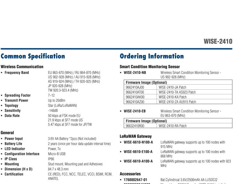 研華WISE-2410 WISE-2410是LoRaWA N無(wú)線振動(dòng)溫度監(jiān)控傳感器，電池使用周期為2年。
