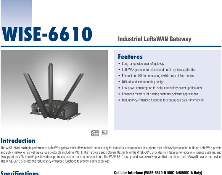 研華WISE-6610-A100 Hardened LoRaWAN 8-Channel Gateway AS 923 MHz - Support 100 nodes