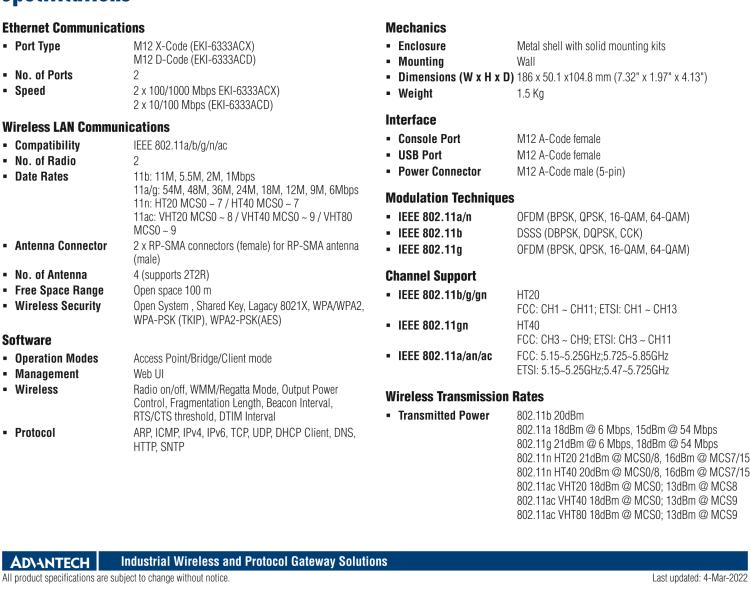 研華EKI-6333AC-M12 EN50155 Railway Concurrent Dual-Band 2T2R Wi-Fi AP/Client