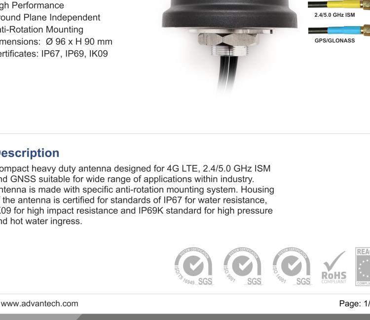 研華BB-2J7050BGFA-150 Cellular / LTE MIMO, 2.4/5.0 GHz ISM MIMO and GNSS Antenna