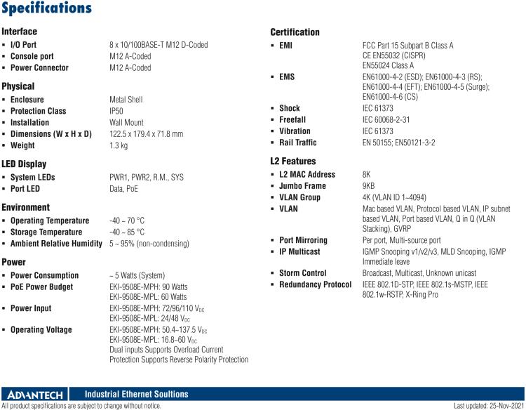 研華EKI-9508E-MPL EN 50155 Managed PoE Ethernet Switch with 8FE, 24-48 VDC