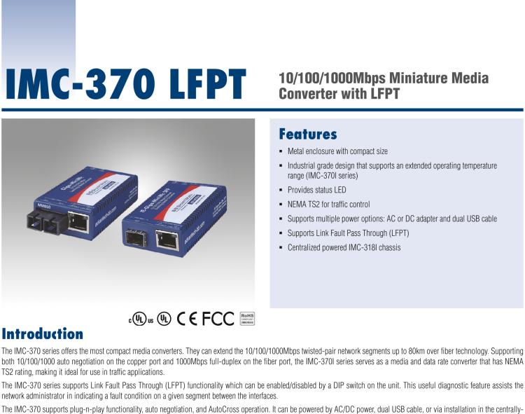 研華IMC-370-SL-PS-B Miniature Media Converter, 1000TX/LX, Single-mode 1550nm, LFPT, 80km, SC type, w/ AC adapter