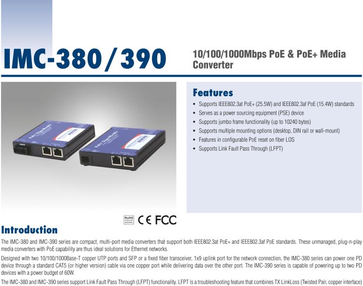 研華IMC-380-SFP Mini PoE Media Converter, 1000Mbps, SFP (also known as MiniMc 857-11811TG)