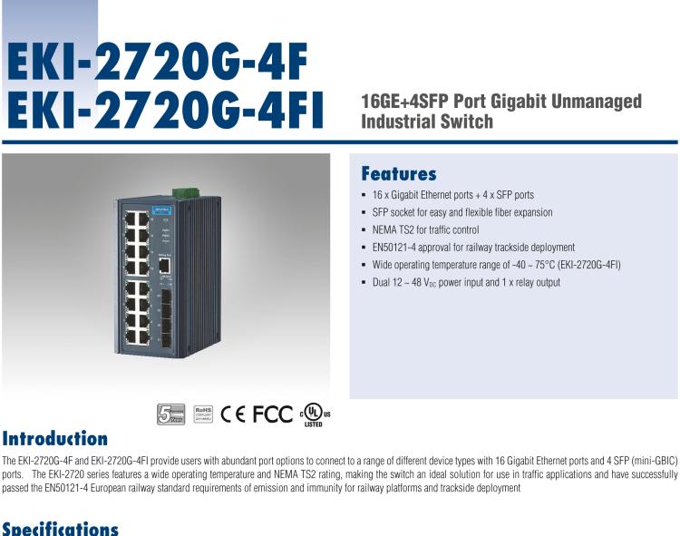 研華EKI-2720G 16GE+4SFP Port Gigabit Unmanaged Industrial Switch