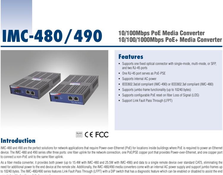 研華IMC-490-SM-US Standalone PoE+ Media Converter, 100Mbps, Single mode 1310nm, 10km, SC, AC adapter (also known as PoE+ Giga-McBasic 852-11914)