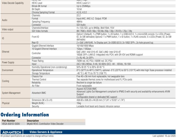 研華VEGA-8301D 8Kp60 HEVC Contribution Grade Decoder